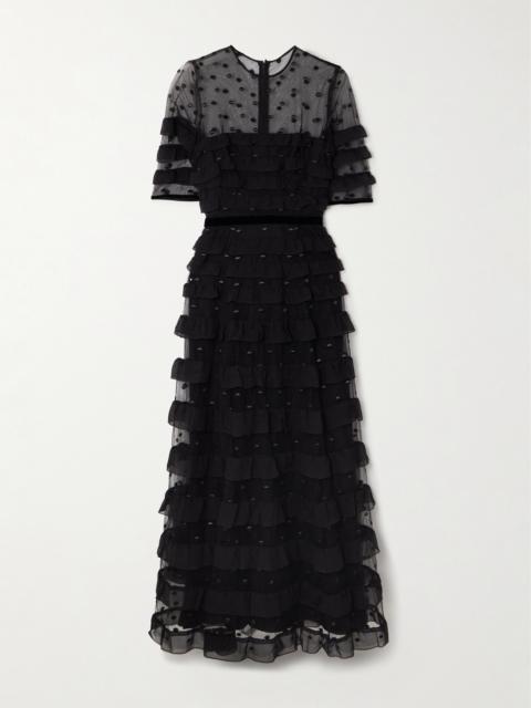 Velvet-trimmed Point D'esprit And Ruffled Chiffon Midi Dress