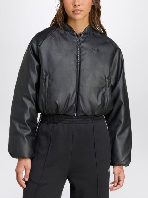 Black faux leather zip-up bomber jacket