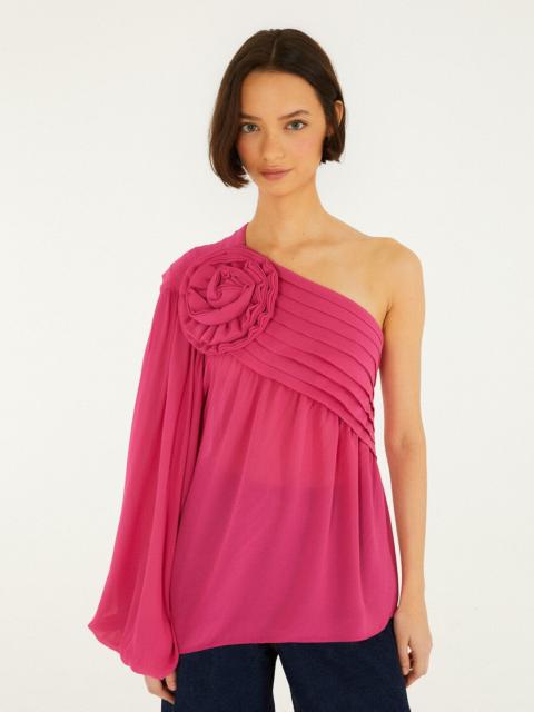Pink 3D Rose One-Shoulder Blouse
