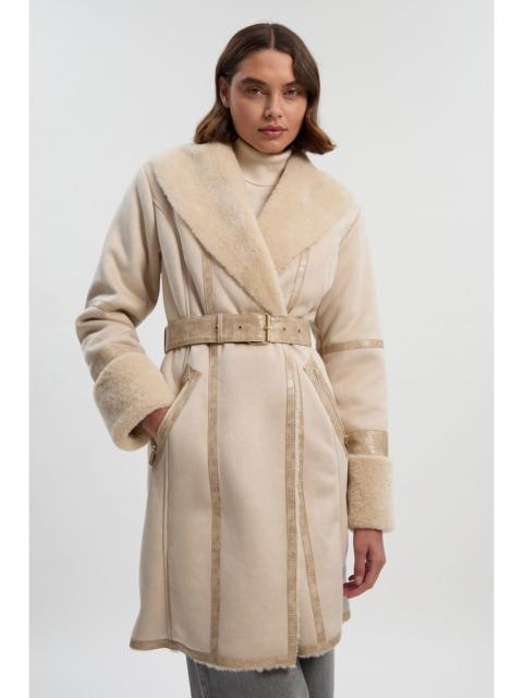 Faux Shearling Snake Tipped Belted Short Cuff and Collar Coat