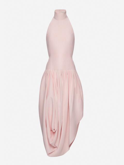 Long draped silk halterneck dress with high collar in pink