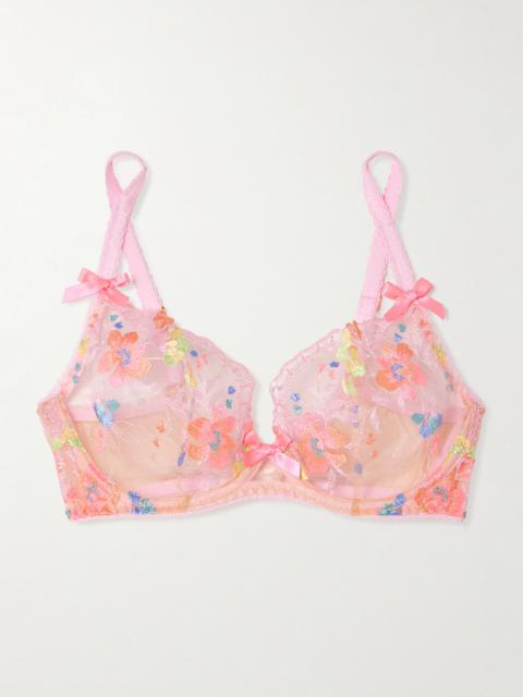 Rixie Bow-detailed Lace-trimmed Embroidered Tulle Underwired Bra