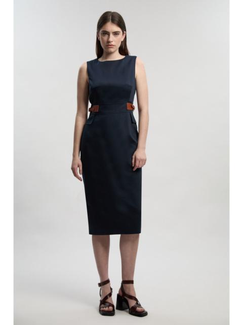 Tailored Linen Tab Waist Pencil Midi Dress