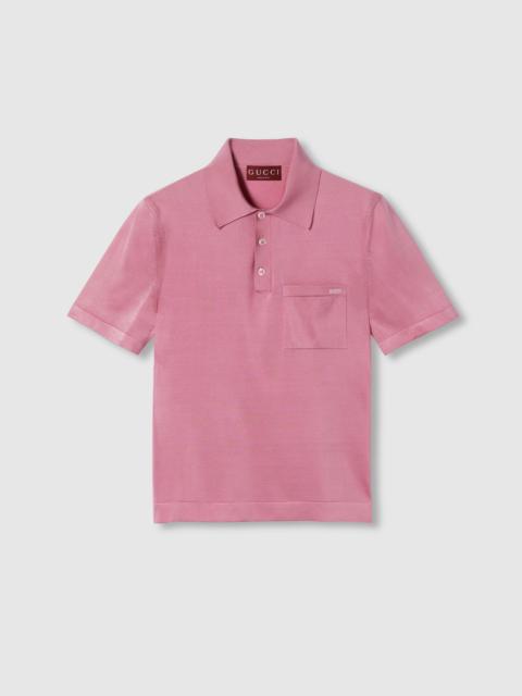 Fine silk knit polo top with intarsia
