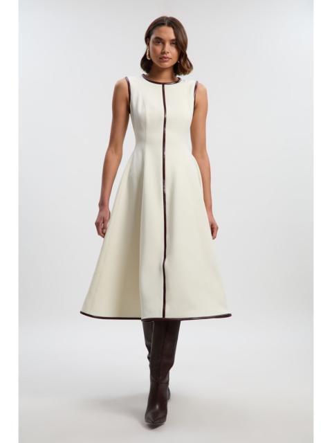 Compact Stretch Pu Mix Sleeveless Full Skirted Tailored Midi Dress