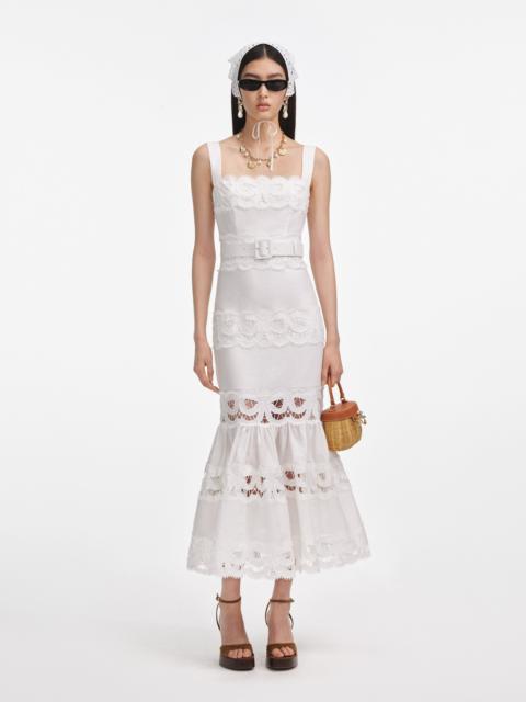 White Linen Lace Insert Midi Dress