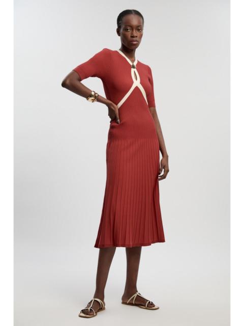 Rib Knit Trim Detail Full Skirt Short Sleeve Midi Dress