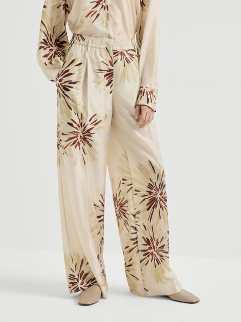 Silk bloom print pongee sartorial track trousers with monili