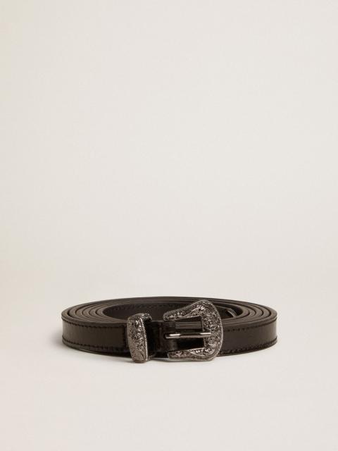Black leather belt with silver buckle