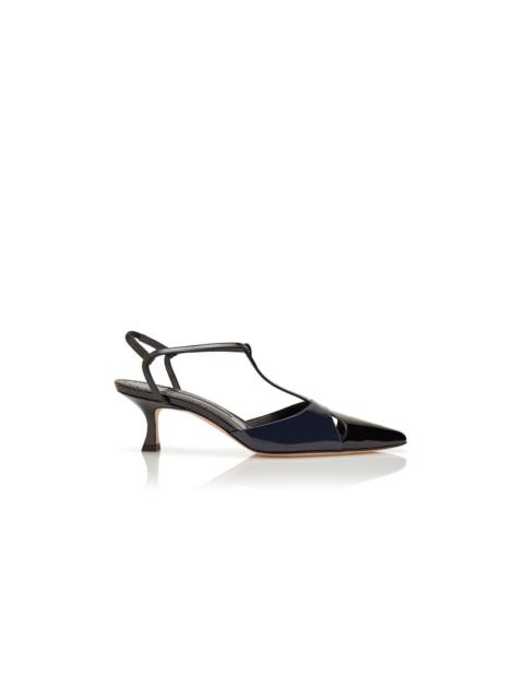 Black and Navy Blue Patent Leather T-Bar Pumps