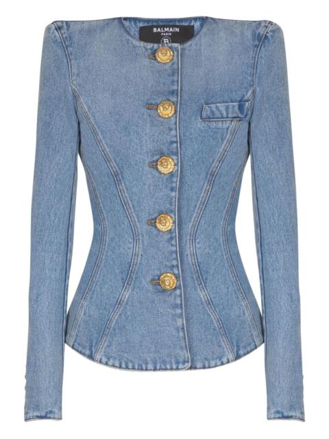 padded-shoulder buttoned denim jacket