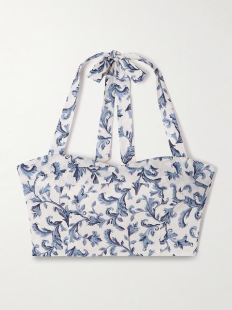 Rue Cropped Pleated Printed Linen And Silk-blend Halterneck Top