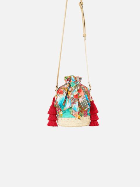 TIE TOP BUCKET BAG WITH TASSELS