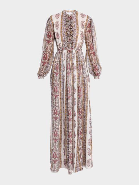 Long Bishop-Sleeve Paisley Silk Dress
