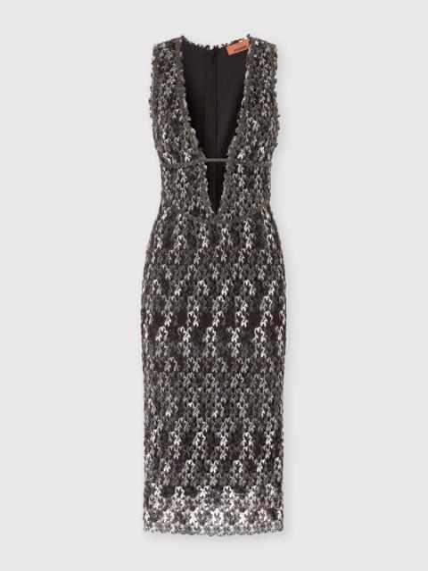 Midi Dress with V-Neck and Embroidered Lace