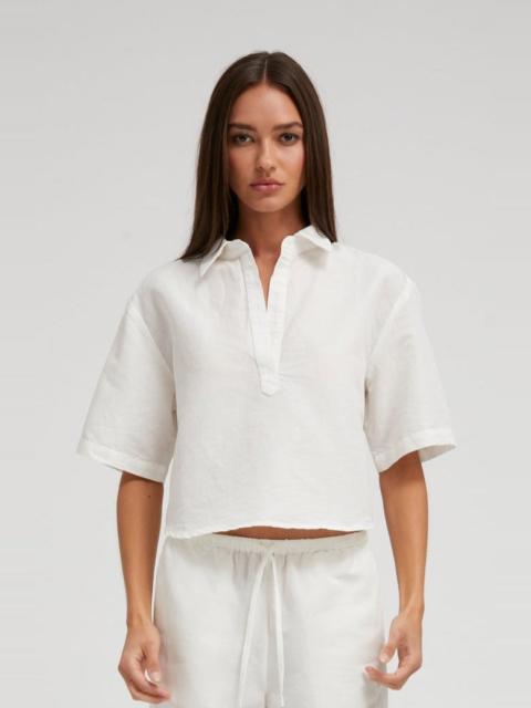 WHITE LINEN CROPPED OVERSIZED HENLEY SHIRT