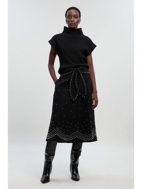 Denim Placed Stud Tie Belt Full Midi Skirt