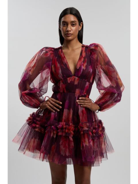 Floral Tulle Balloon Sleeve Plunge Woven Mini Dress
