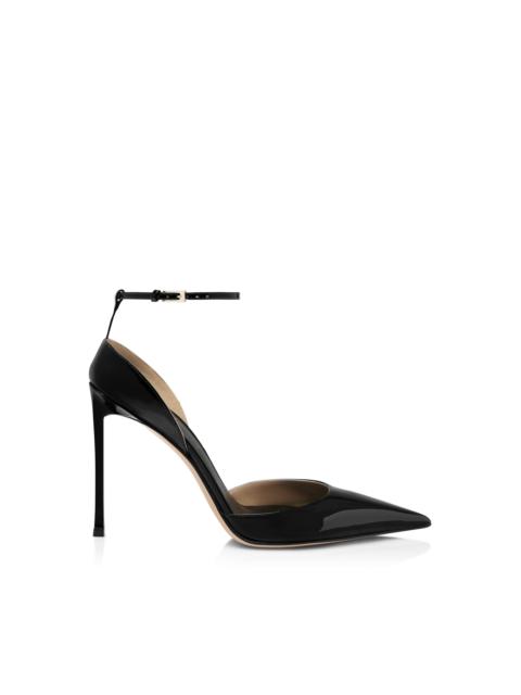 PATENT LEATHER VERTIGO ANKLE STRAP PUMP