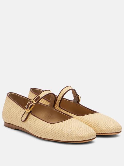 Leather-trimmed raffia Mary Jane flats