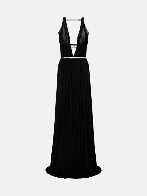 Leather-trimmed draped gown
