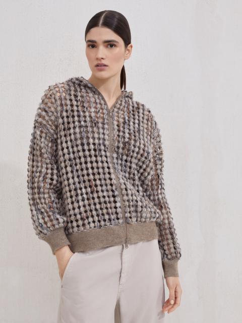 Virgin wool, cashmere and mohair balloon net embroidery cardigan with hood