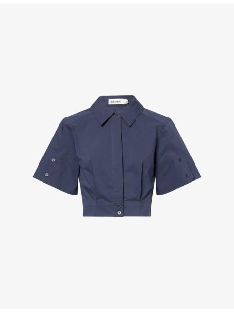 Sabrina Short-Sleeve Cropped Cotton-Poplin Top
