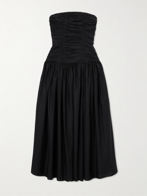 Strapless Ruched Organic Cotton-poplin Midi Dress