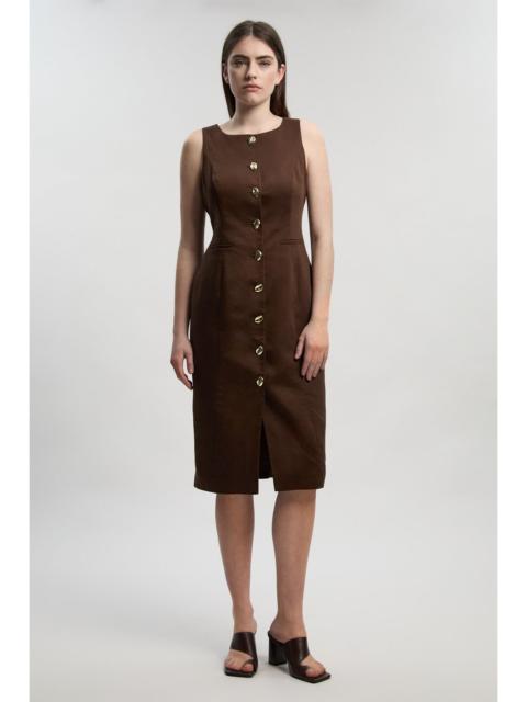 Petite Tailored Linen Statement Button Front Pencil Midi Dress