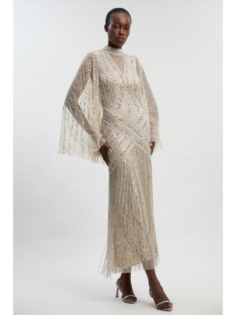Petite Embellished Woven Maxi Dress With Cape Sleeve
