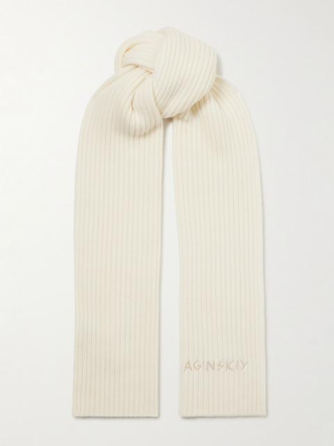 Embroidered ribbed merino wool scarf Cream