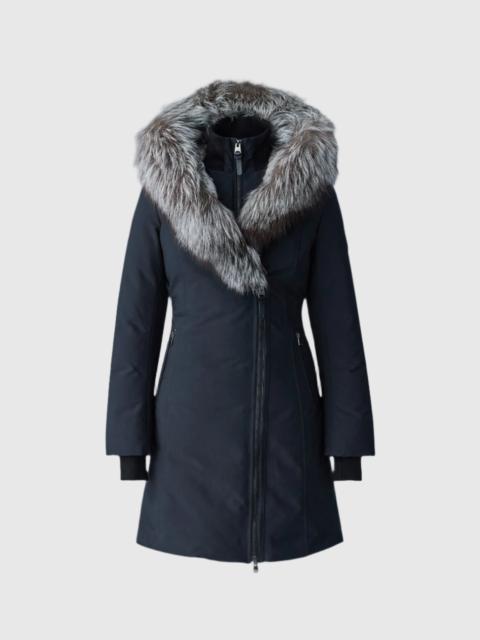 TRISH Powder Touch down coat with silver fox fur Signature Mackage Collar