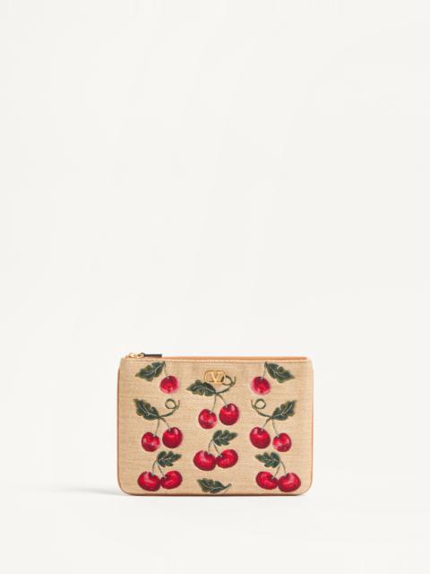 VLOGO SIGNATURE POUCH IN JACQUARD RAFFIA WITH CHERRYFIC PATTERN