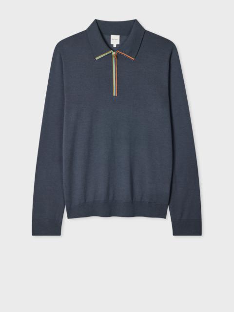 Grey 'Signature Stripe' Zip Trim Merino Wool Polo Shirt
