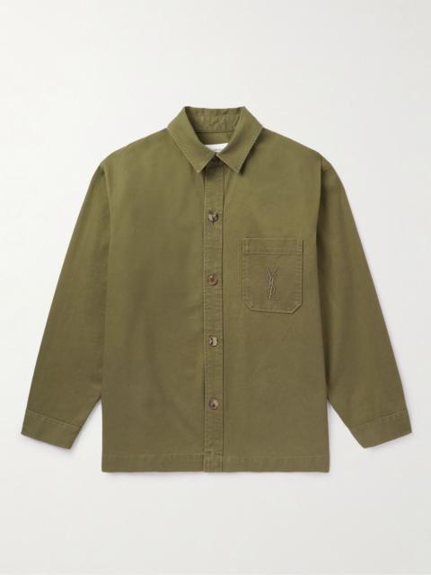 Logo-Embroidered Cotton and Linen-Blend Gabardine Overshirt Green