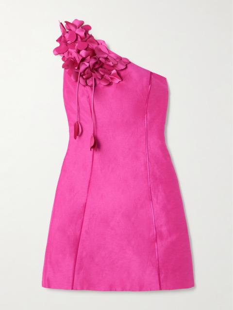 Camille One-shoulder Appliquéd Satin-trimmed Linen-blend Mini Dress