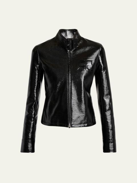 Buckle-Collar Shiny Vinyl Zipped Jacket