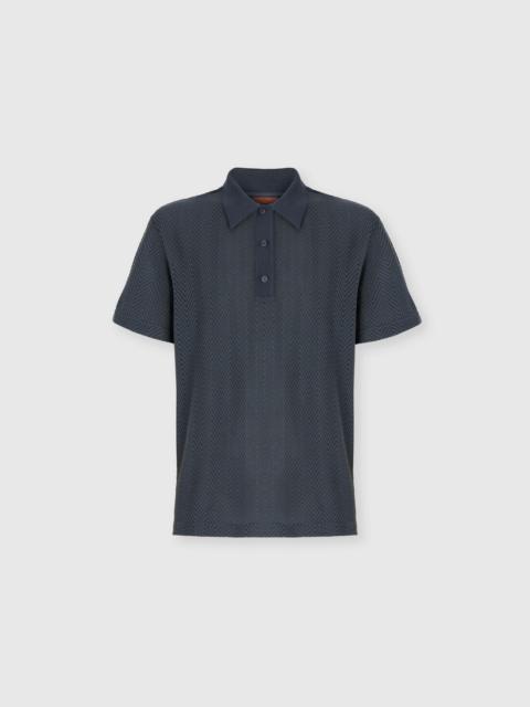 Cotton and viscose polo shirt with tone-on-tone zigzag