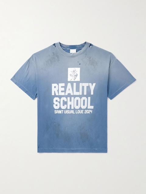 Reality School Distressed Printed Cotton-Jersey T-Shirt Navy