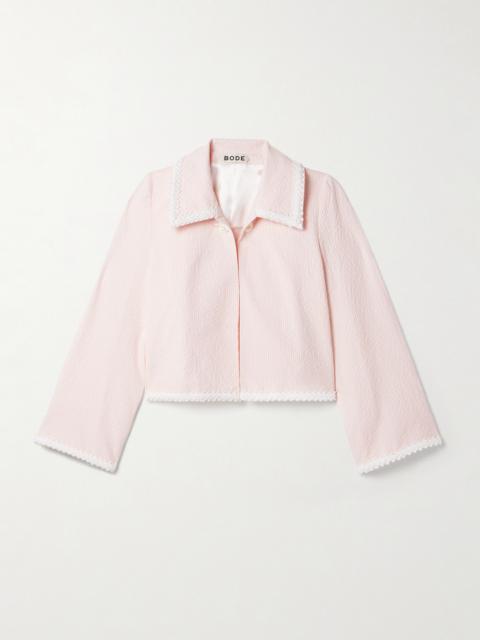 Cropped Appliquéd Striped Cotton-blend Seersucker Jacket