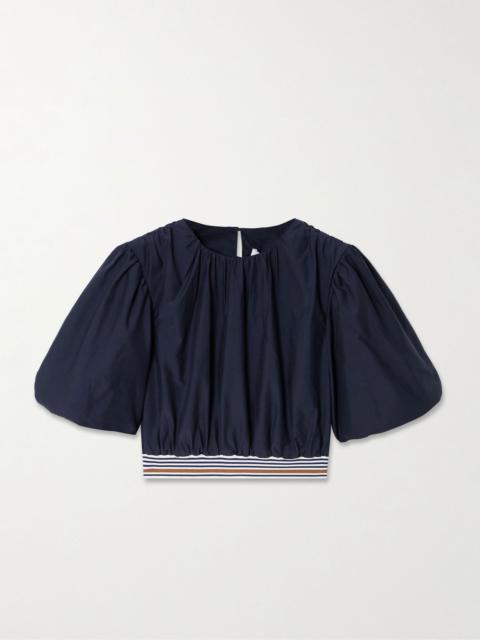 Gabriela cropped striped cotton and silk-blend blouse Navy