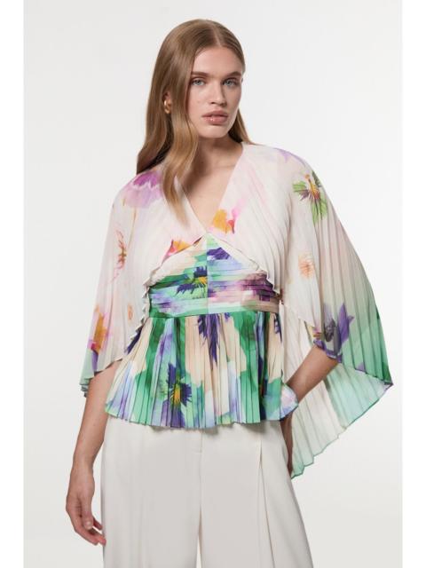 Pleated Floral Cape Sleeve Plunge Neck Woven Top