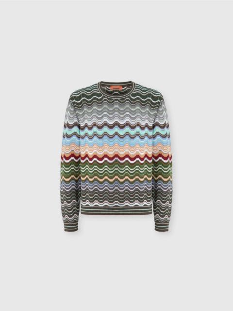 Crew-neck cotton and viscose chevron pullover with Greek motif