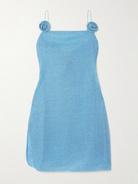 Lumière Rose appliquéd metallic stretch-knit mini dress Light blue