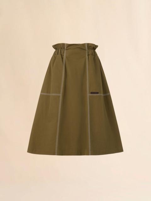 GREEN GABARDINE MIDI SKIRT WITH PAPERBAG WAIST