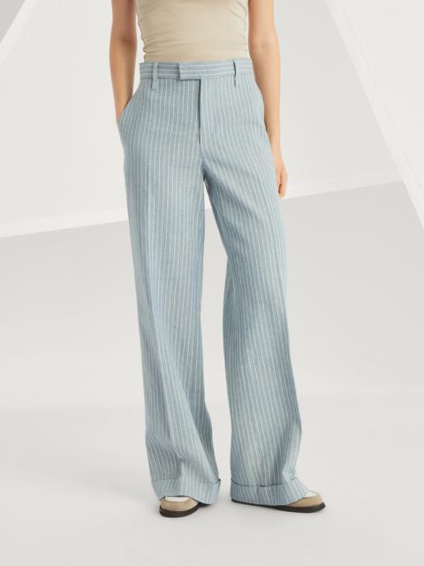 Linen and hemp chalk stripe twill loose flared trousers with monili