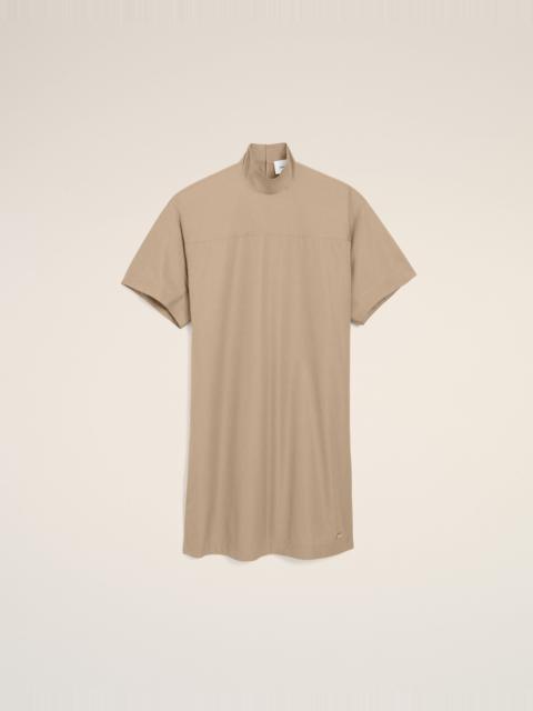 BEIGE COTTON STAND UP COLLAR BUTTONED DRESS