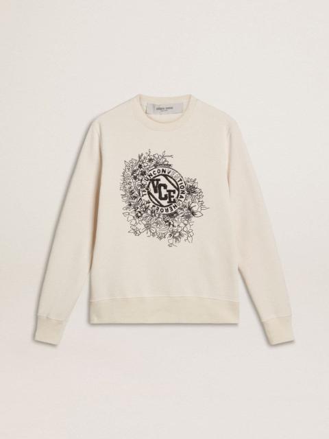 Women’s worn-white cotton sweatshirt with embroidery