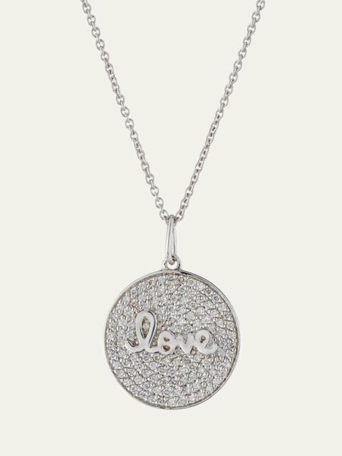 14k White Gold Love Script Diamond Pave Medallion Necklace