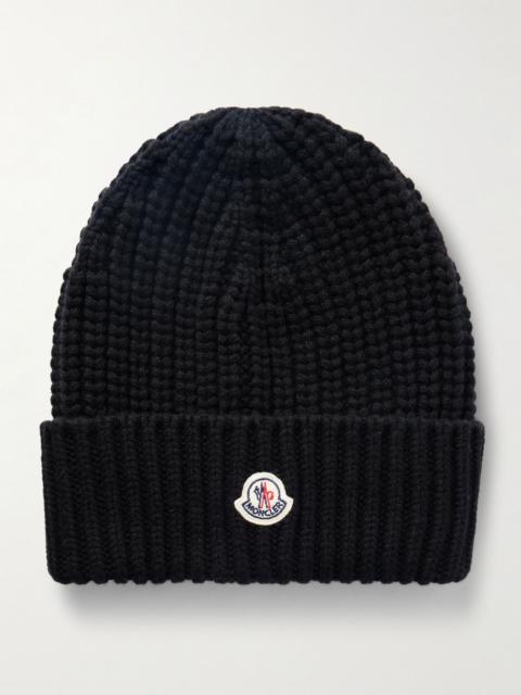 Appliquéd ribbed wool and cashmere-blend beanie Black